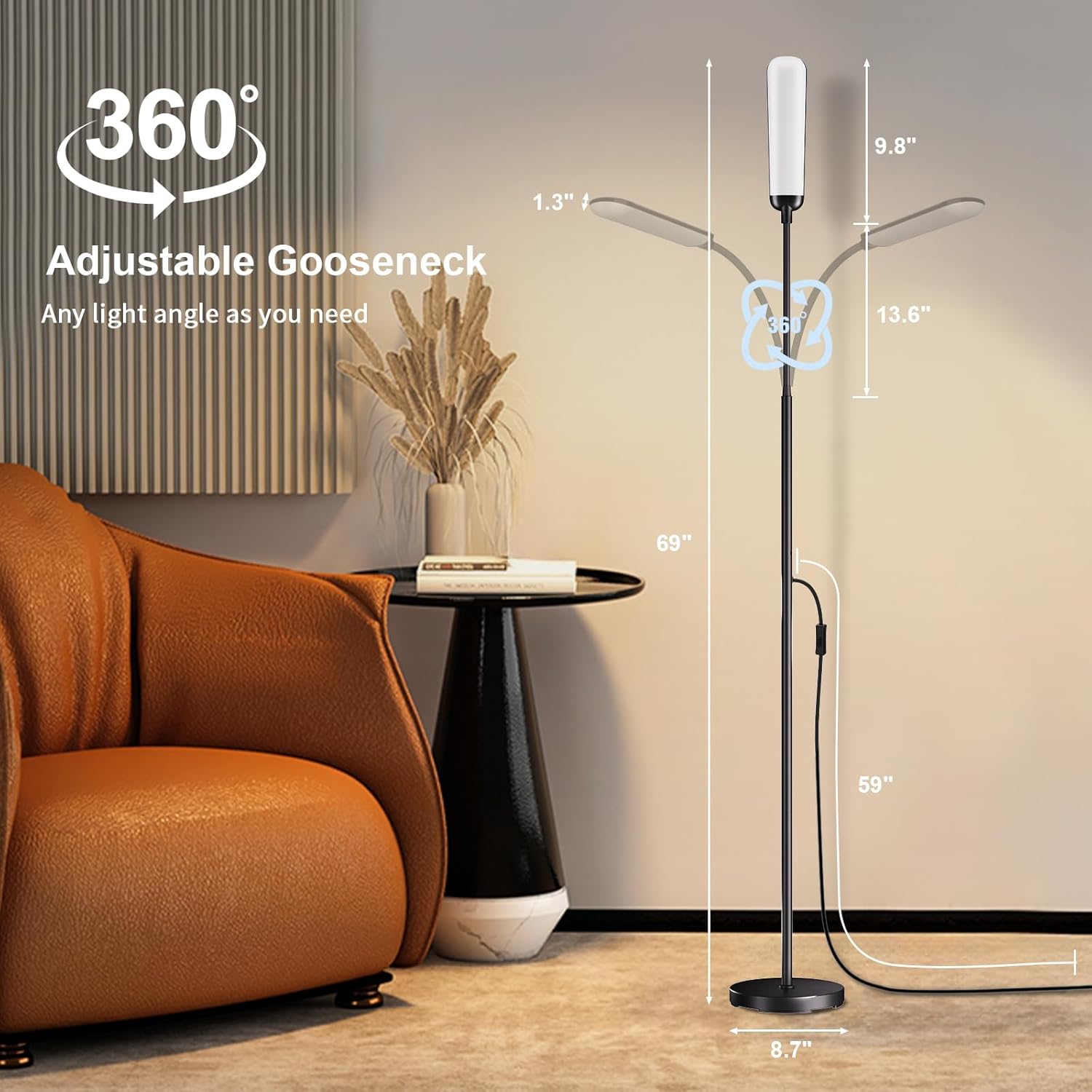 Floor Lamp, Bright 18W LED Standing Lamps for Living Room, Remote Stepless Adjustable Color and Brightness Dimmable with ON/Off Switch, Gooseneck Reading Lights for Bedroom Office, 1300LM Black - Image 6