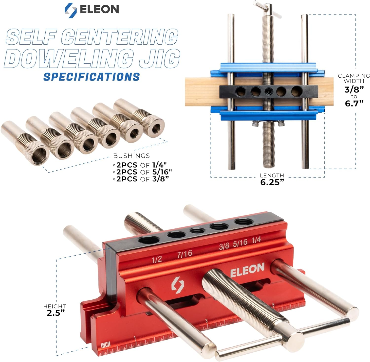 Eleon - Self Centering Dowel Jig with Elongated Jaws and Extra Wide Clamp - Precision Woodworking Made Effortless - Lasting Craftsmanship - Durable Aluminum Alloy Dowel Drill Guide (Blue) - Image 4