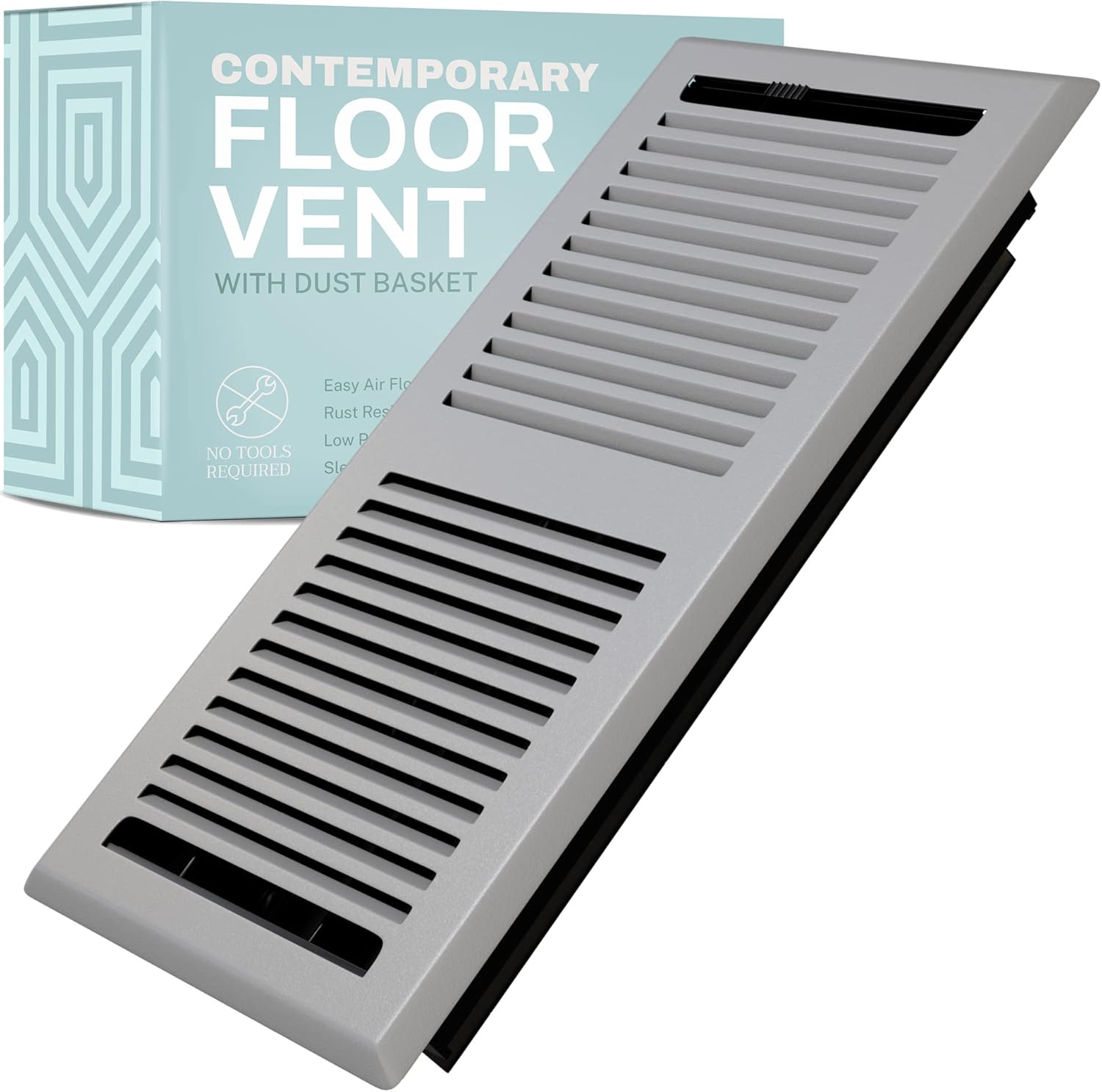 Home Intuition Contemporary Floor Vent Cover 4X10 Inch Floor Register with Mesh Cover Trap Heat and Air Walkable Metal Floor Vent for HVAC Duct, Light Grey