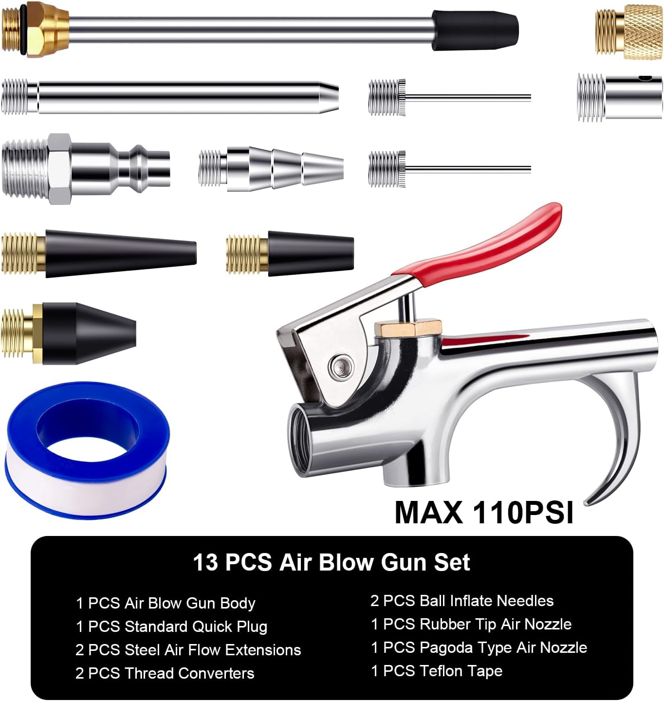 13 Pcs 2-Way Connection Air Nozzle Blow Gun Set, Air Nozzle Kit with 1/4 in Standard Quick Fitting and 8 Air Nozzles, Air Compressor Accessories for Air Inflation and Dedusting - Image 4