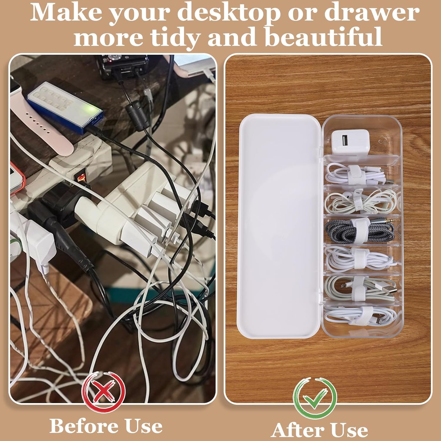 Cable Organizer Box with Lid, 3 Pcs Cable Cord Storage Organizer Box with 21 Wire Ties 54 Cable Labels, 7 Compartments Charger Organizer for Office Drawer Desk Accessories Case - Image 3