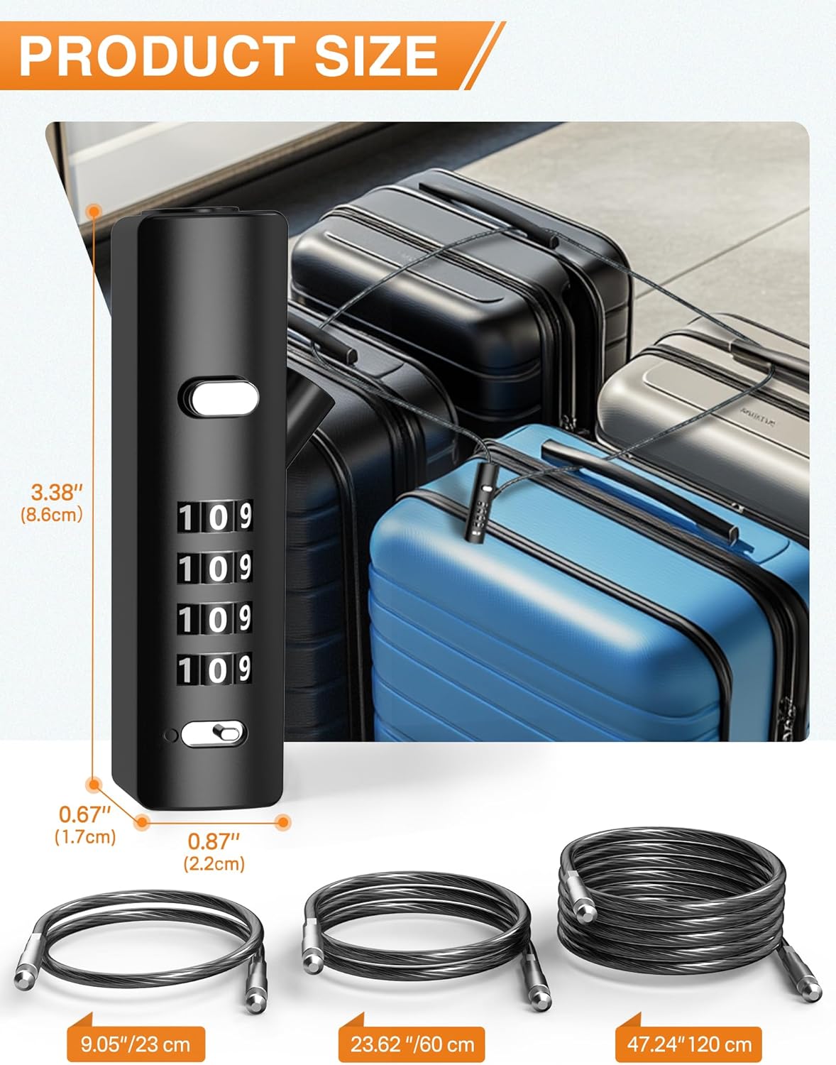 Combination Cable Lock, Small Portable Wire Lock, with 3 Replaceable Steel Ropes (9?? / 23.6?? / 47.2??), Rope Lock for Cabinet, Bike, Luggage, Gate, Door, Fence, (Black, 1 Pack) - Image 3