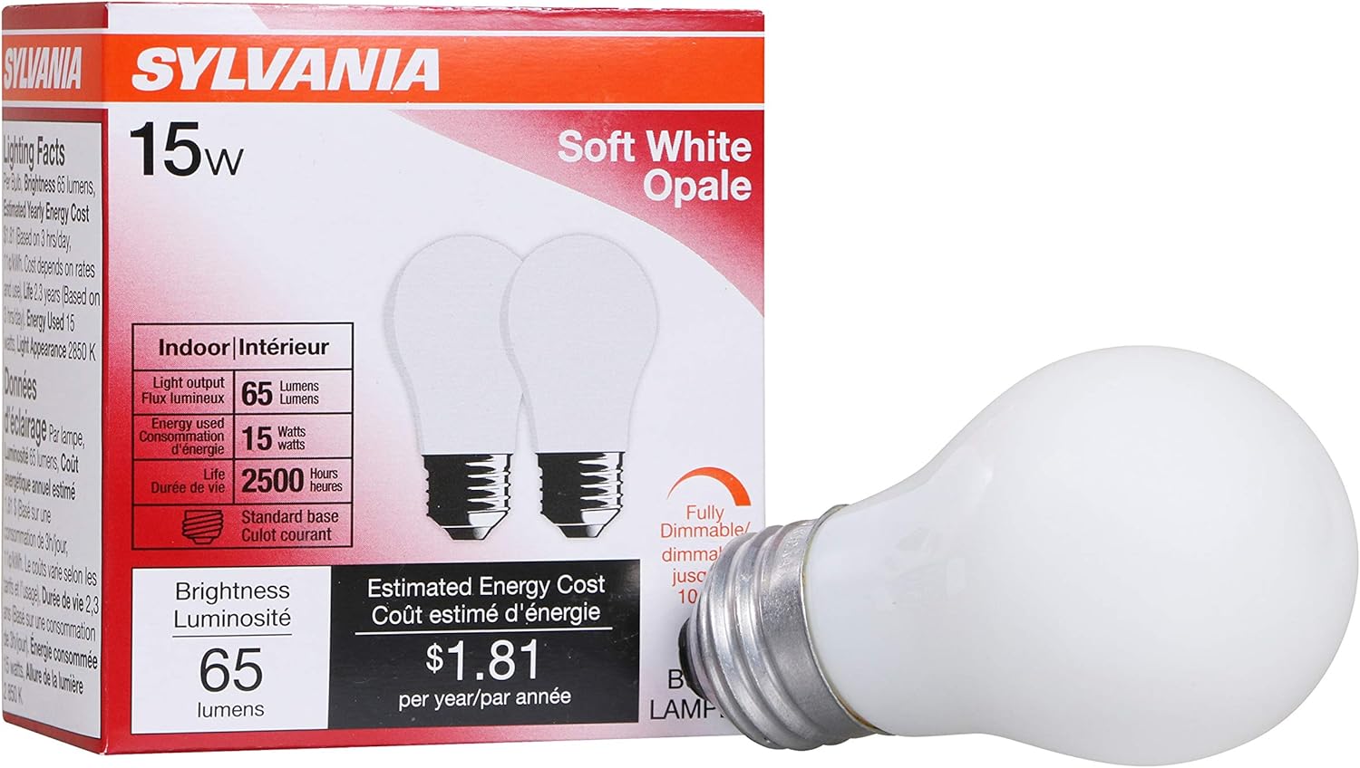 SYLVANIA Incandescent Appliance Light Bulb, 15W A15, Dimmable, Medium Base, 65 Lumens, Frosted, 2850K, Soft White - 2 Pack (10015)