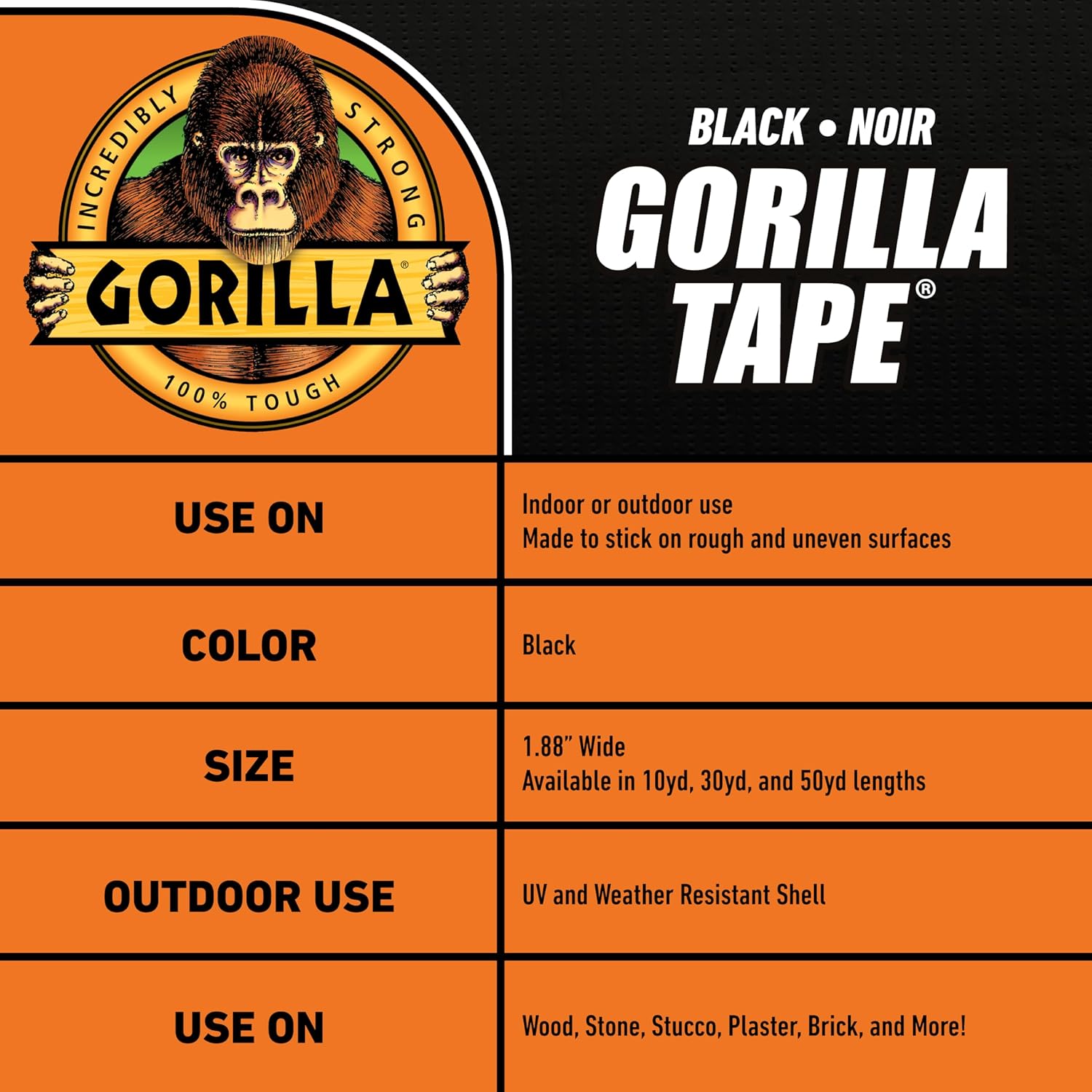 Gorilla Tape, Duct, Utility, Triple Layer Strength, Indoor & Outdoor, Weather Resistant Shell, 1.88 in x 10 yd, Black, (Pack of 2) - Image 5