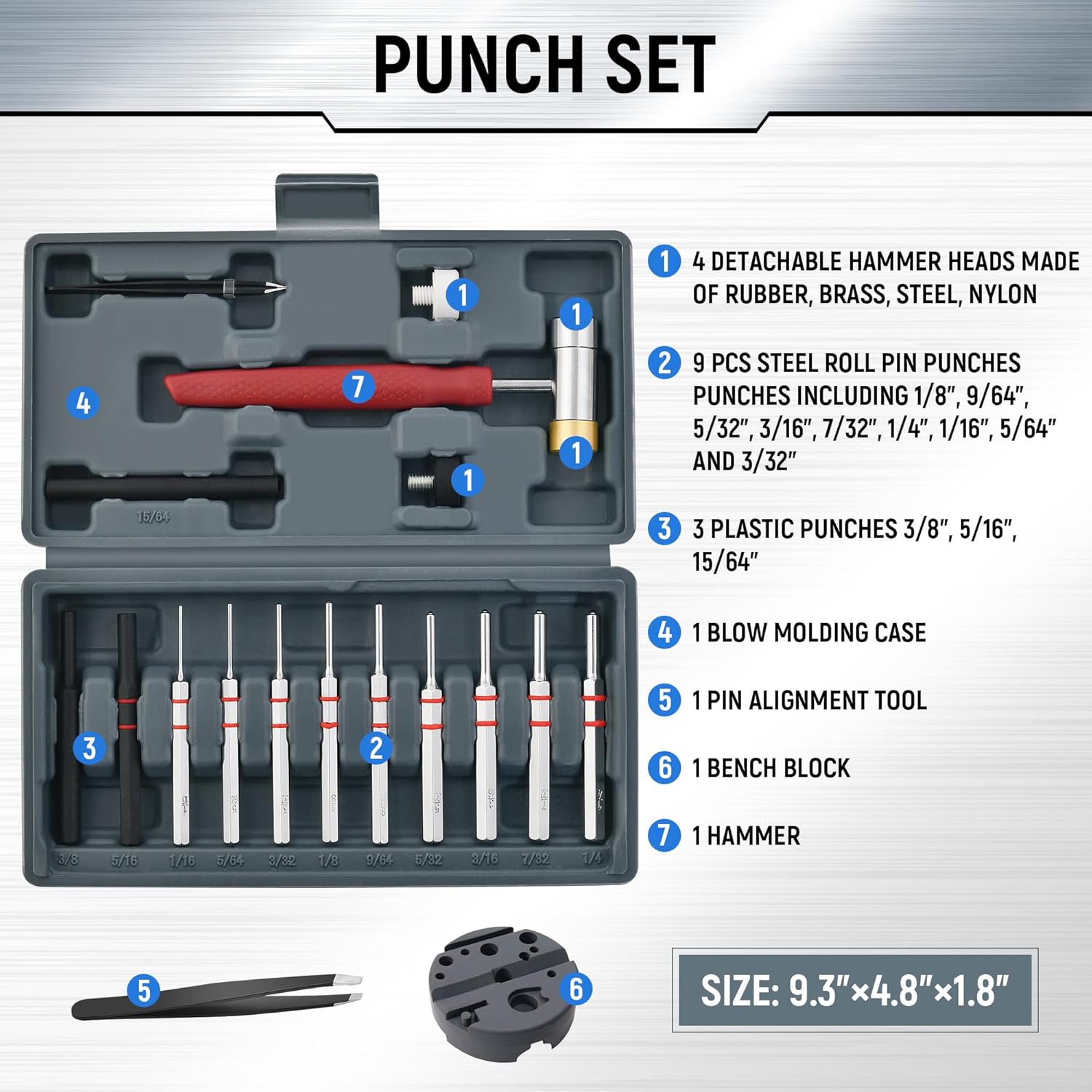 Pin Punch Set, Steel Roll Pin Punch Set, Punch Tool, Pin Punches with Replaceable Face Hammer, Made of Solid Material, Mechanical Repair Tool with Bench Block - Image 2