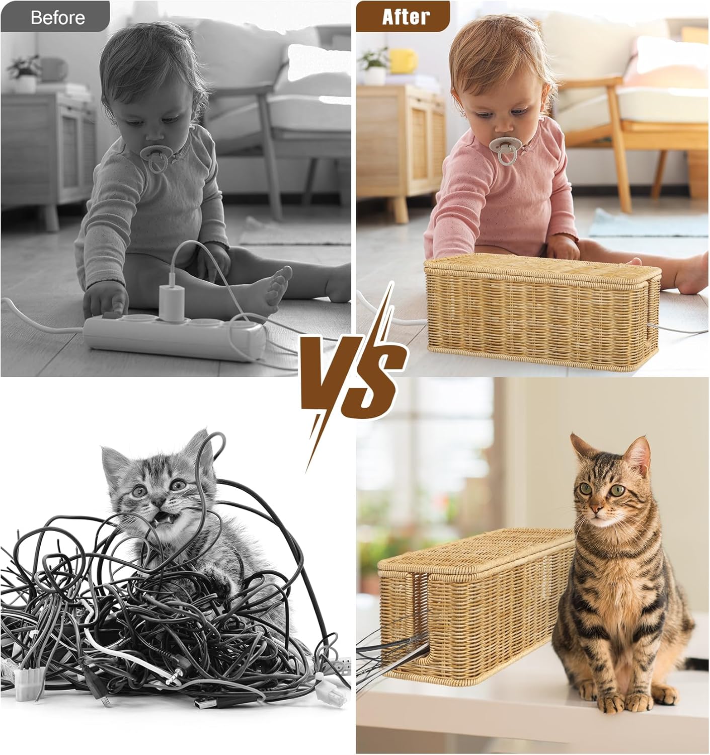 Cable Management Box,Handwoven Imitation Rattan Cord Hider Organizer Box with Lid,2 Open Slots Cable Organizer Box for Tv Computer USB Hub to Hide Power Strips & Cords-12.5 - Image 5