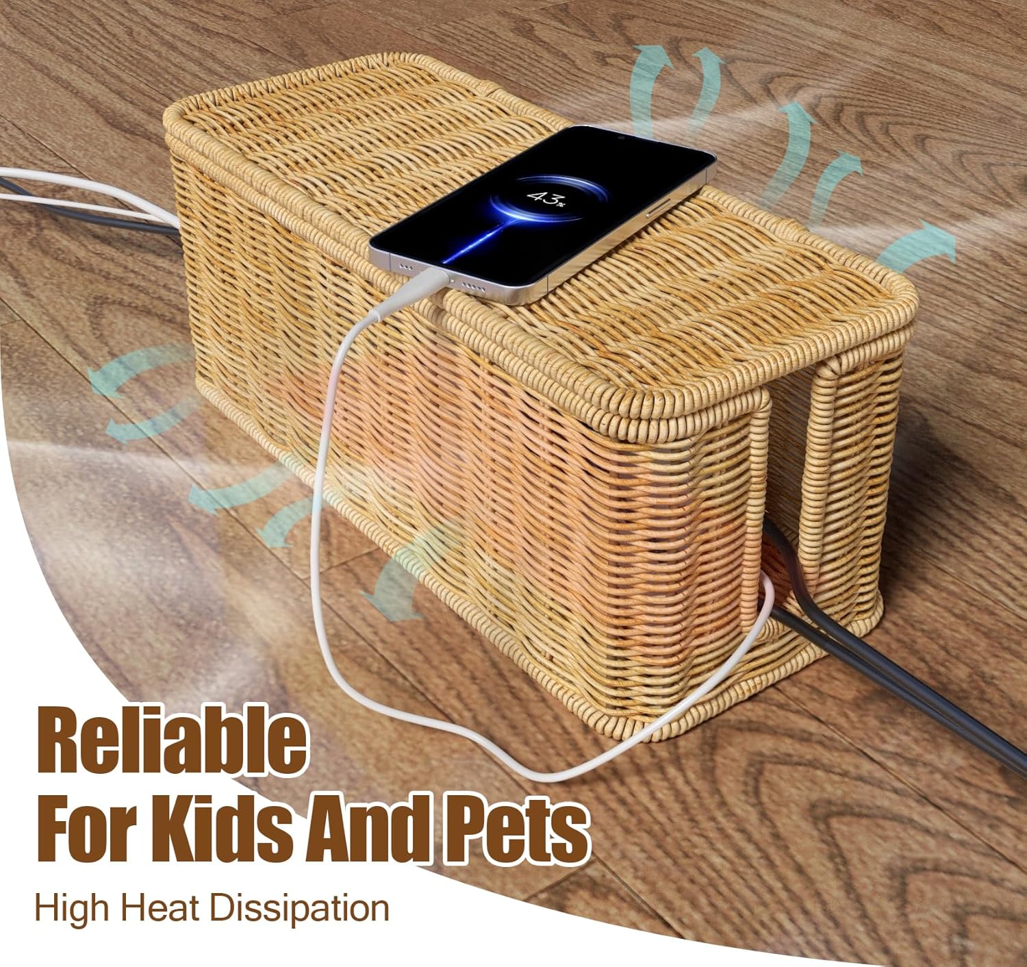 Cable Management Box,Handwoven Imitation Rattan Cord Hider Organizer Box with Lid,2 Open Slots Cable Organizer Box for Tv Computer USB Hub to Hide Power Strips & Cords-12.5 - Image 4