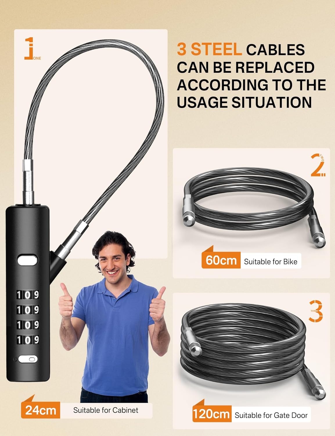 Combination Cable Lock, Small Portable Wire Lock, with 3 Replaceable Steel Ropes (9?? / 23.6?? / 47.2??), Rope Lock for Cabinet, Bike, Luggage, Gate, Door, Fence, (Black, 1 Pack) - Image 2