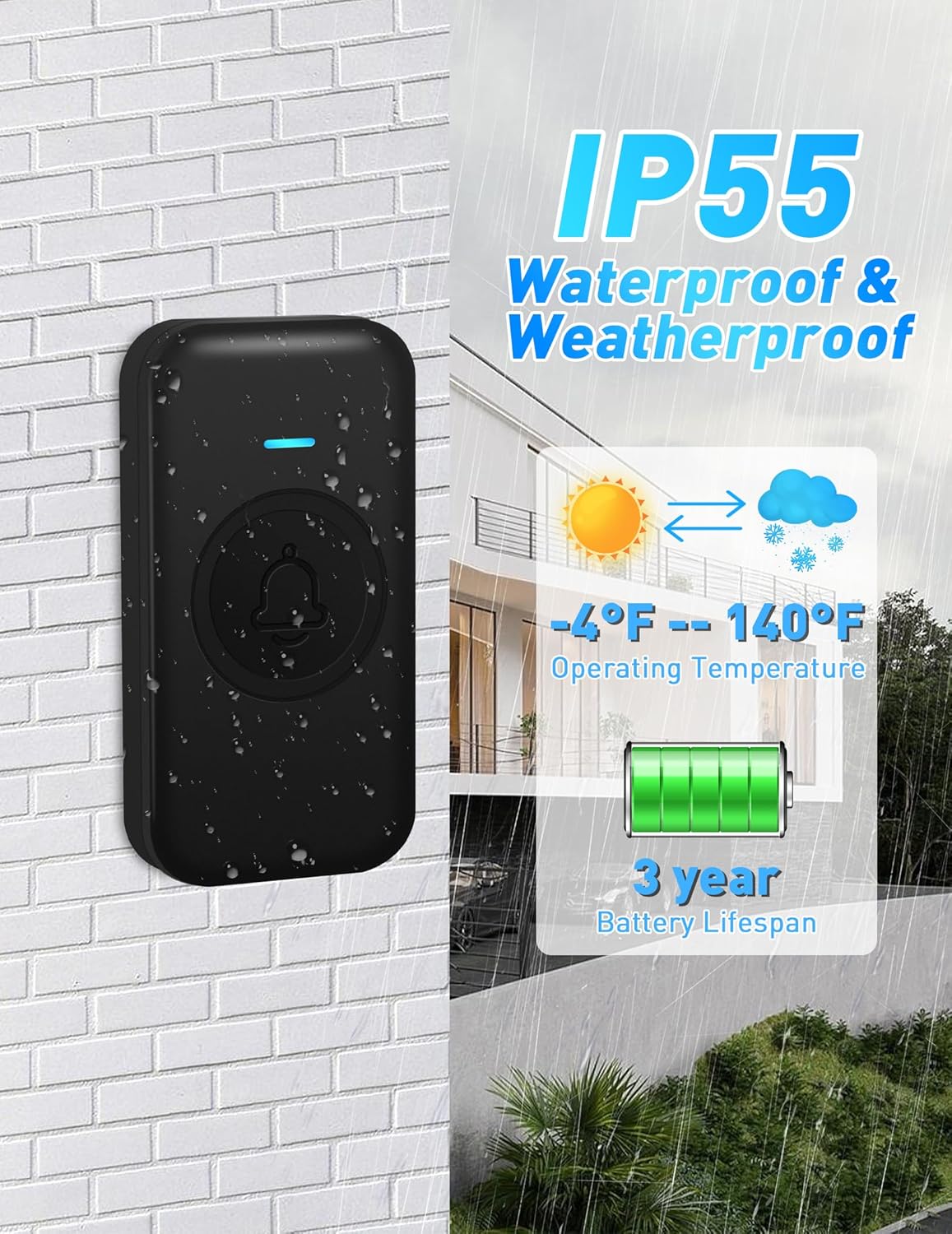 Wireless Doorbell, Waterproof Door Bell with 60 Chimes 5 Levels Volume and LED Flash 1000ft Range 2 plug in Receivers + 2 Push Buttons Wireless Doorbells for Home Classroom,Easy Installation - Image 5
