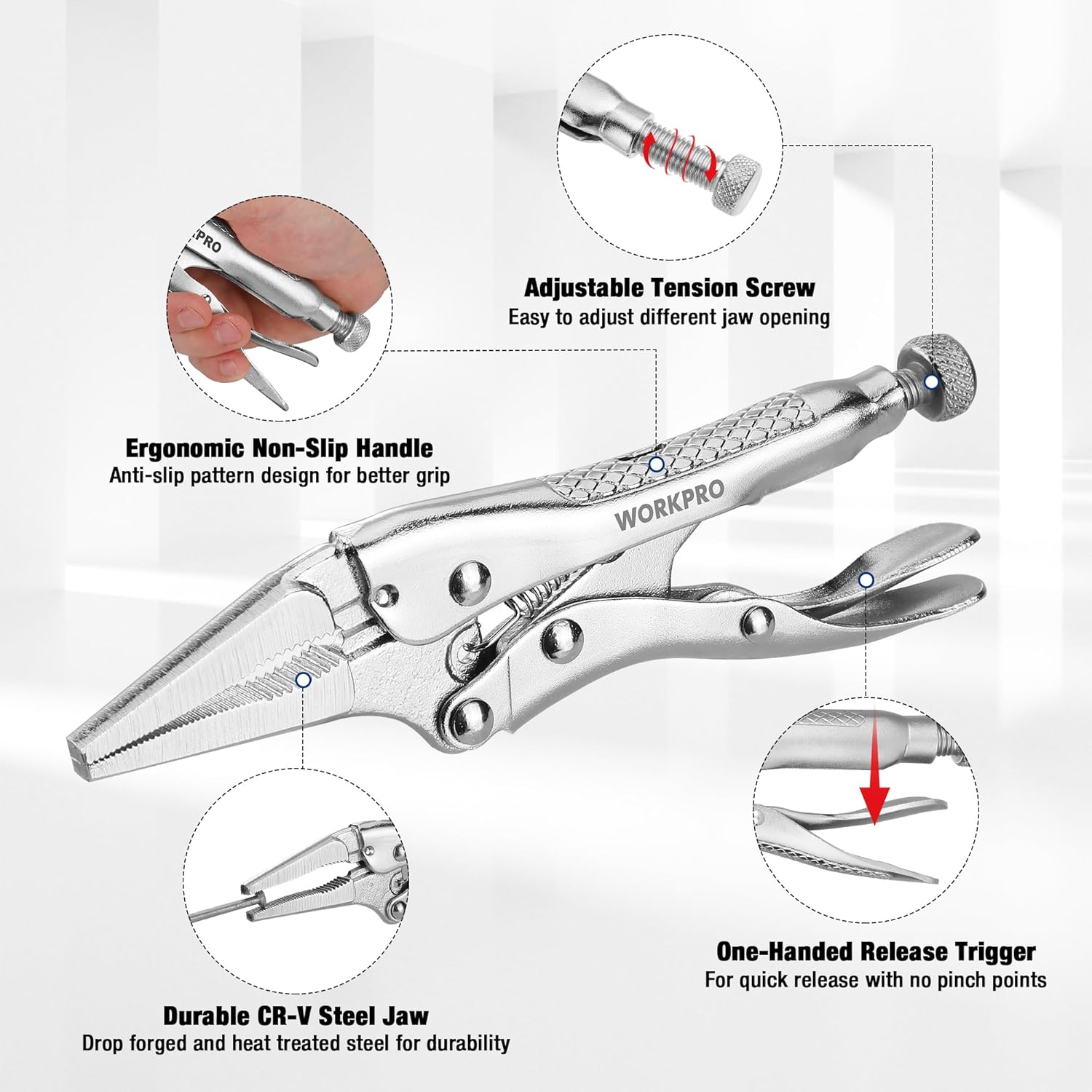WORKPRO 4-1/2 inch Long Nose Locking Pliers, Chromium-Vanadium Steel Locking Pliers, Locking Adjustable Vise Grips for Clamping Twisting Welding - Image 3