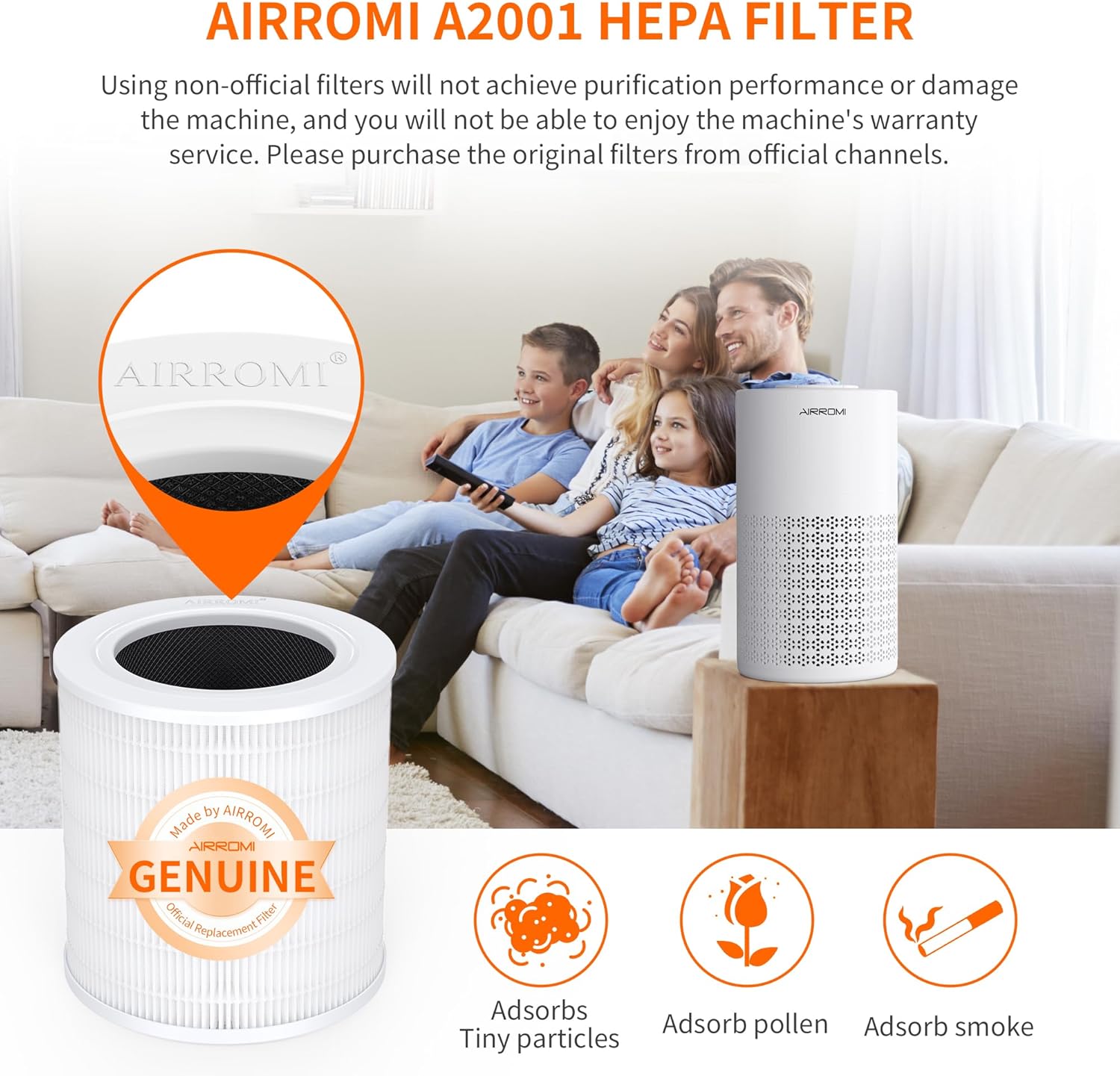 AIRROMI A2001 HEPA Air Purifier Replacement Filter, 3-In-1 Original Filter, Remove 99.97% of 0.3 Micron Particle 1 Pack White Activated Carbon - Image 3