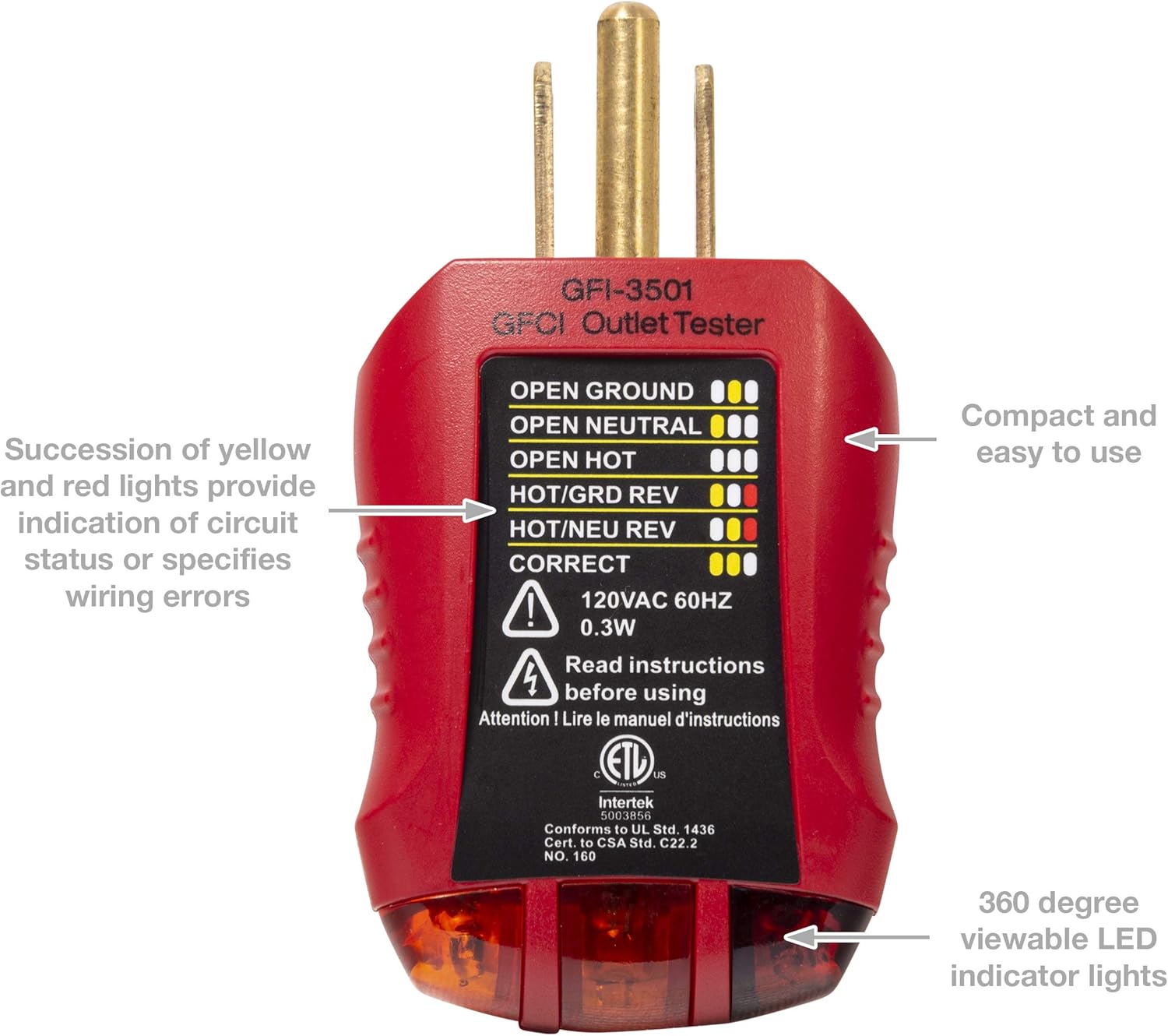 Gardner Bender GFI-3501 Ground Fault Receptacle Tester & Circuit Analyzer, 110-125V AC, for GFCI / Standard / Extension Cords & More, 7 Visual LED Tests , Red - Image 2