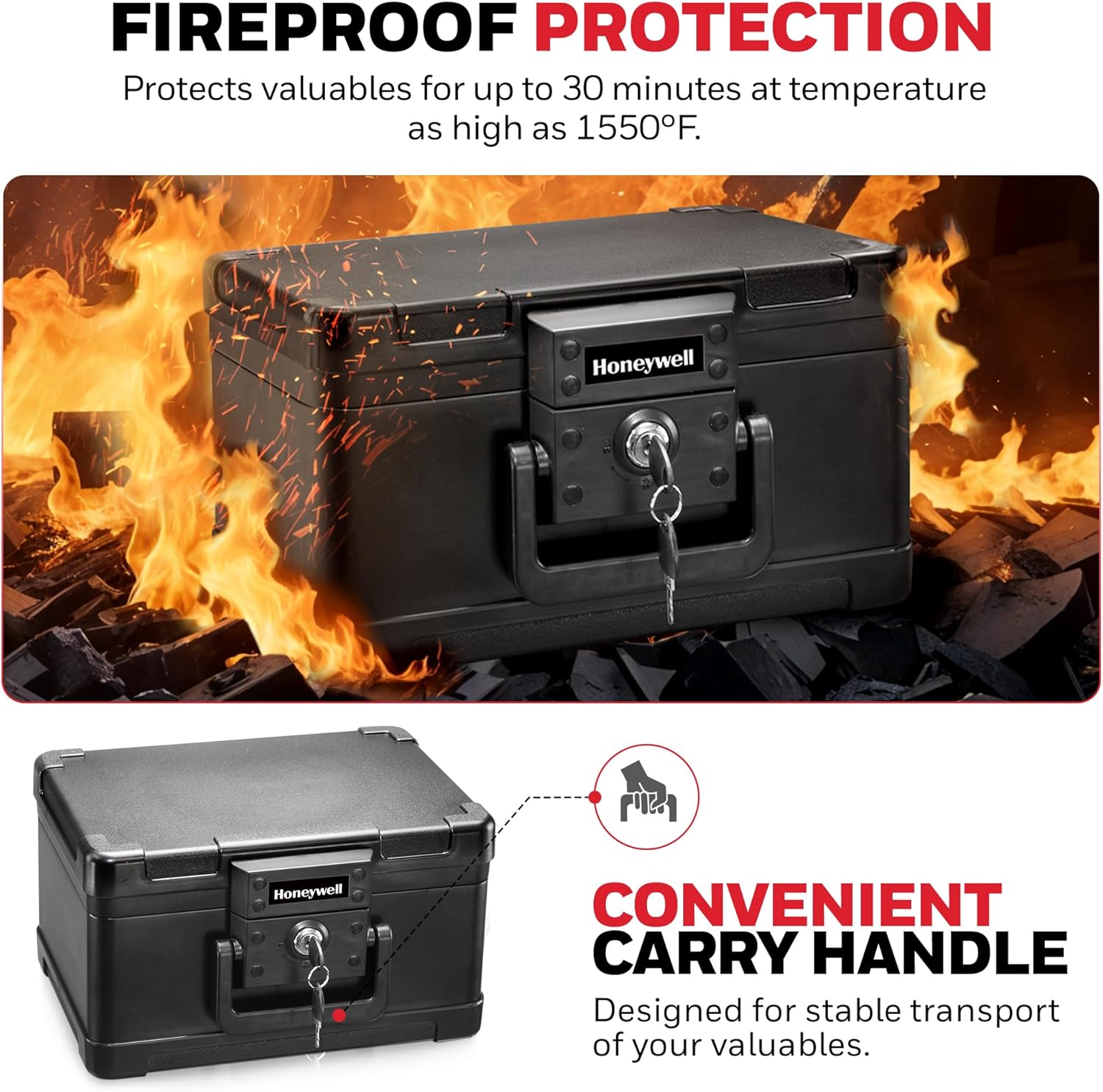 Honeywell Safes & Door Locks - Small Safe Box Chest for Home - Fireproof Safe Holds #10 Envelopes, USB Flash - Strong ABS Plastic - Document, Money Safe with Key Lock System - 0.15 CU, Black - 1101 - Image 5