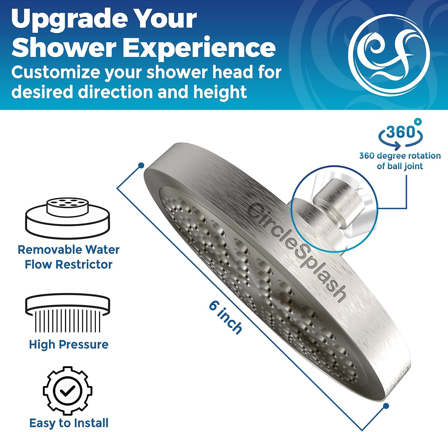 High Pressure Shower Head - Anti-Clogging Silicone Nozzles - 2.5 GPM Removable Restrictor - Easy to Clean Adjustable Replacement - easy to install with Plumbers Tape - 6 inch - Brushed Nickel Finish - Image 2