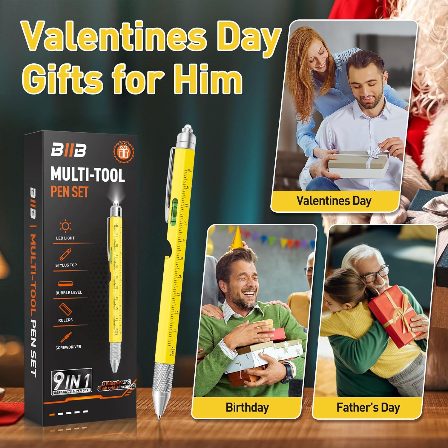 BIIB Valentines Day Gifts for Him, Gifts for Men 9 in 1 Multitool Pen, Mens Valentines Gifts, Boyfriend Husband Valentines Day Gifts for Dad, Birthday Gifts for Men, Unique Dad Gifts Gadgets for Men - Image 5