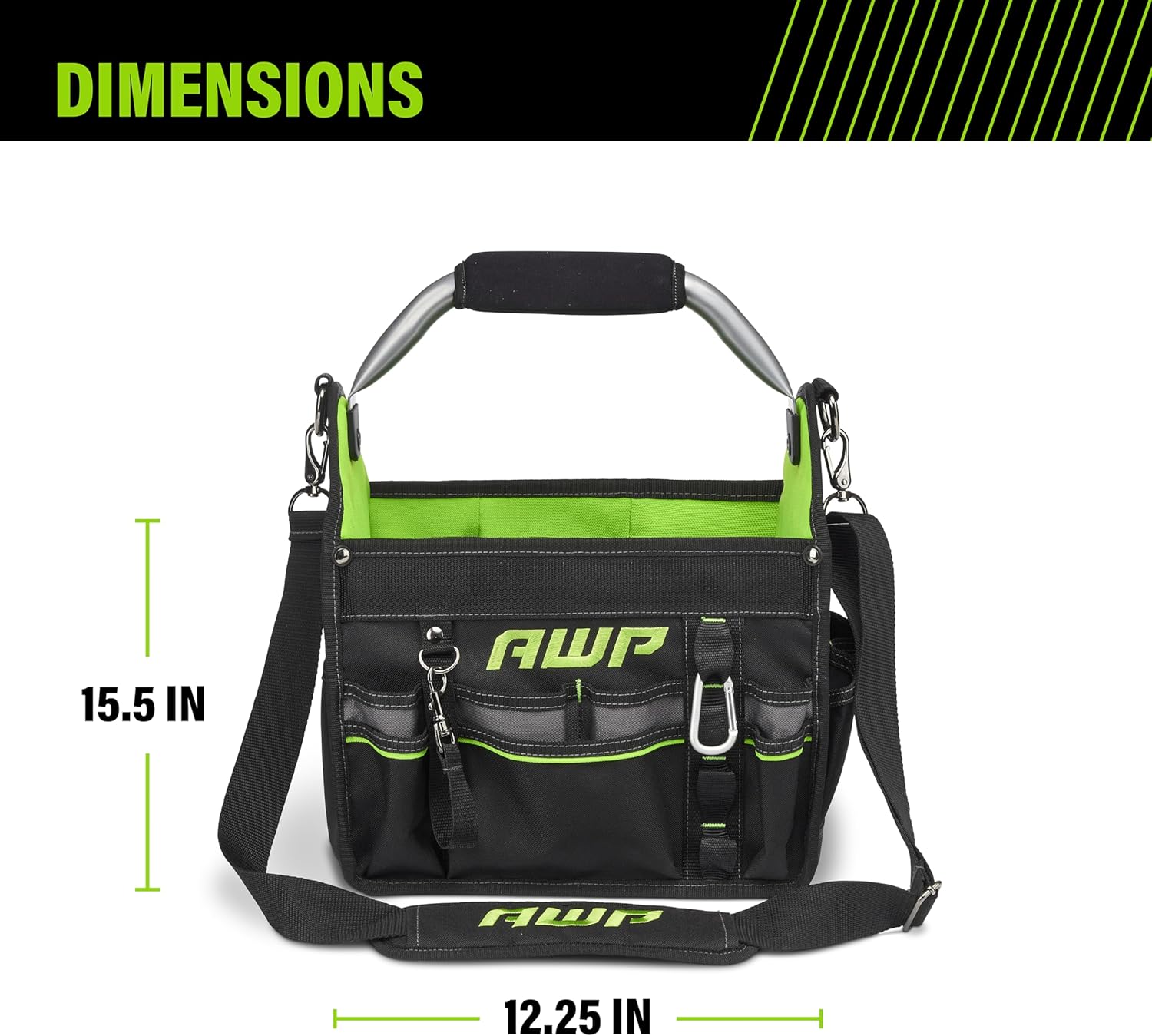 AWP 12 Inch Pro Tool Tote with Rotating Handle for Easy Tool Access, Water-Resistant Construction, Black/Green - Image 4