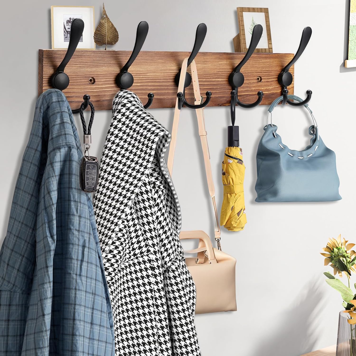 2pcs Coat Rack Wall Mount Wooden Hat Rack for Wall Hooks Pine Real Wood Plank 16.9 - Image 4
