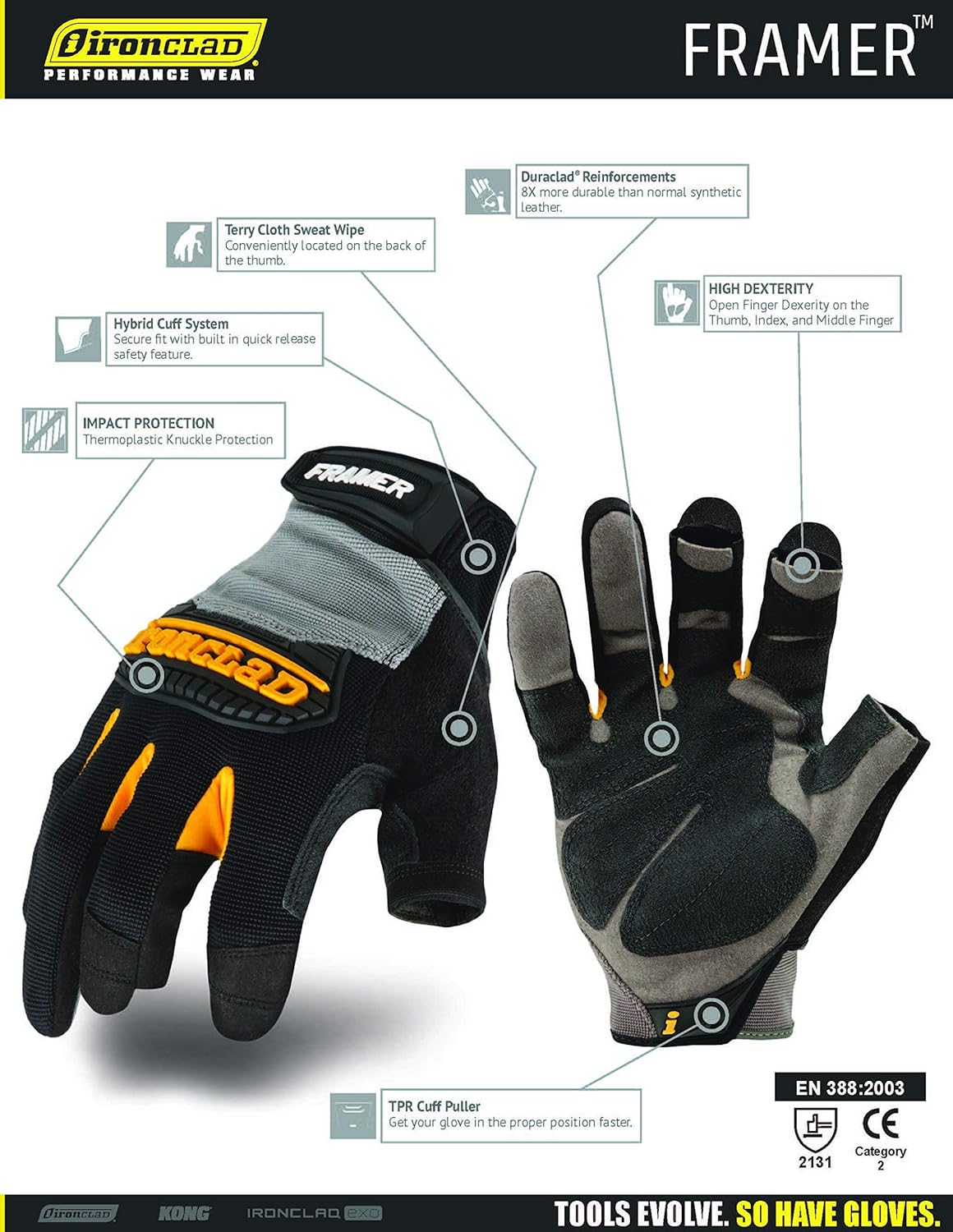Ironclad Framer; Carpenter Work Gloves, Open Finger Dexterity, Performance Fit, Durable, Machine Washable, (1 Pair), FUG-02-S,Grey/Black - Image 5