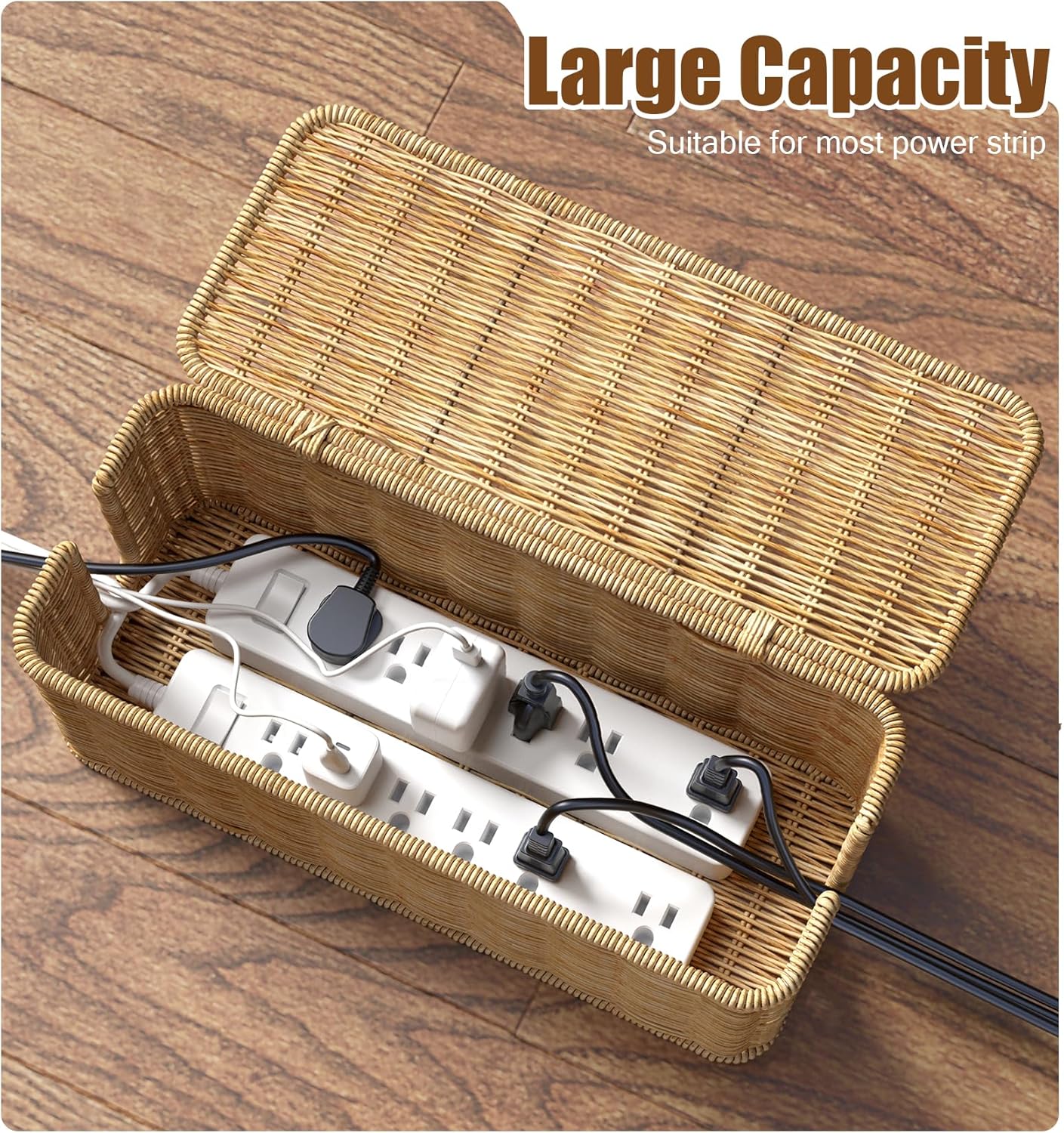 Cable Management Box,Handwoven Imitation Rattan Cord Hider Organizer Box with Lid,2 Open Slots Cable Organizer Box for Tv Computer USB Hub to Hide Power Strips & Cords-12.5 - Image 3