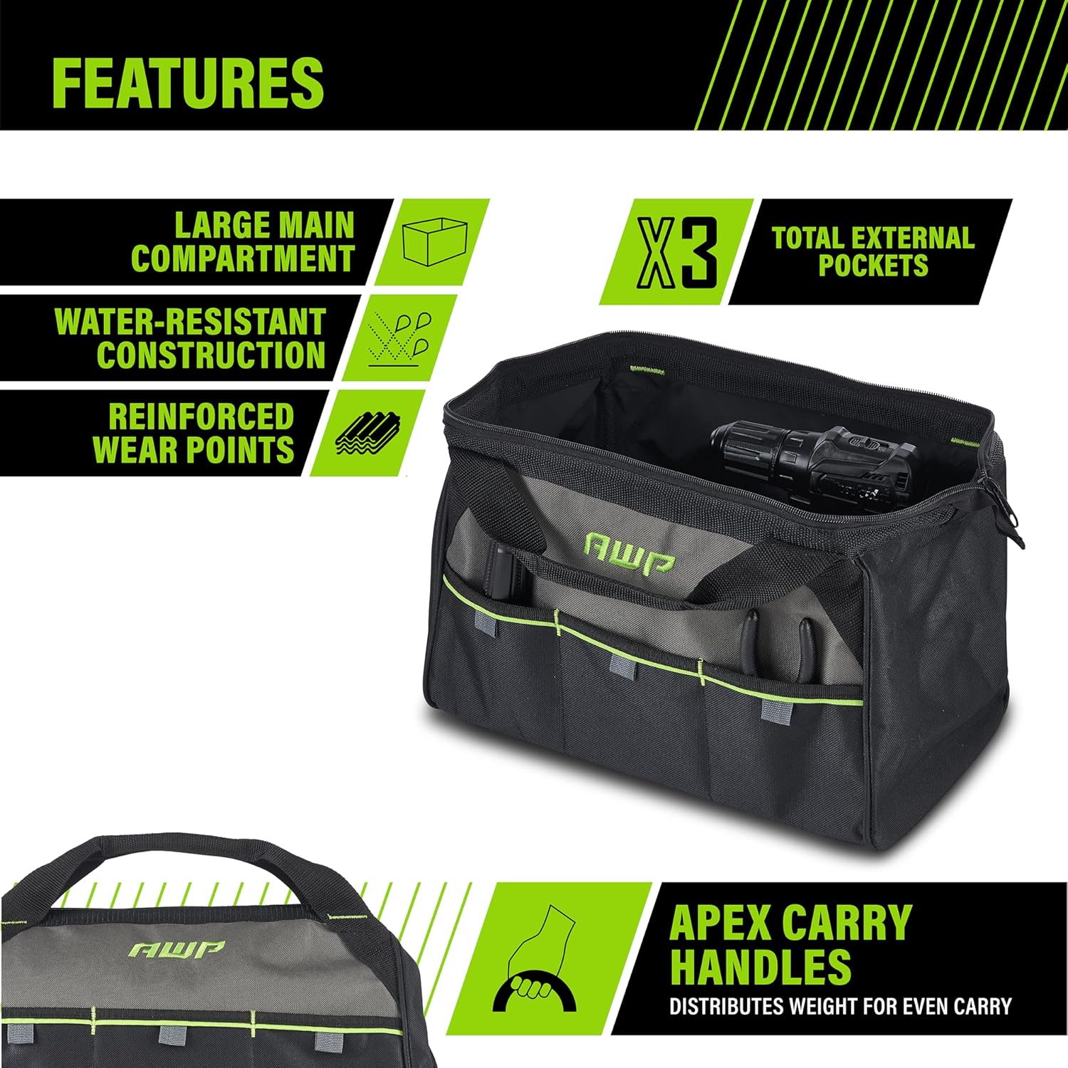 AWP 15 Inch Tool Bag with Apex Handle Design, Compact Size, Water-Resistant Construction - Image 2