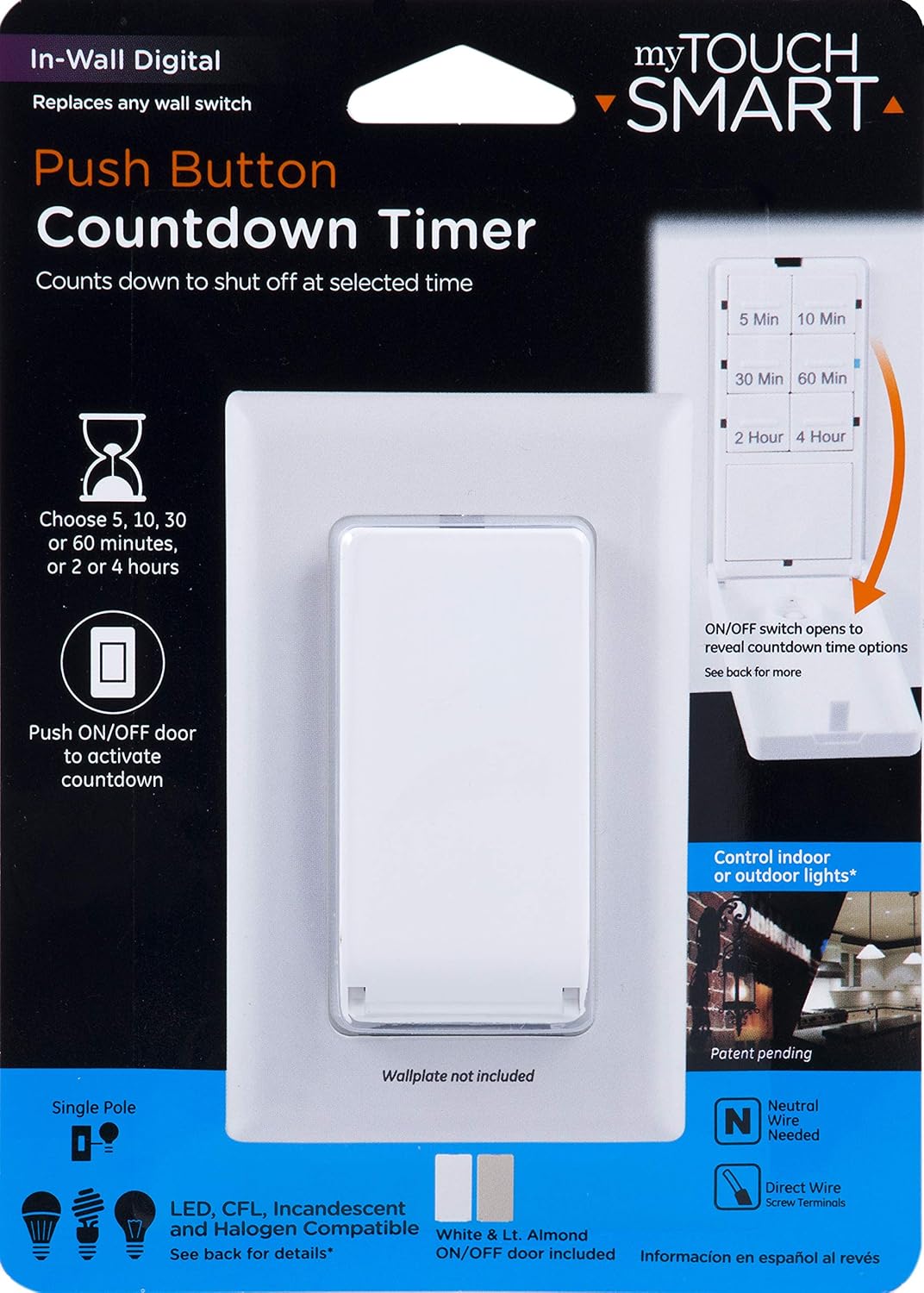 myTouchSmart In-Wall Digital Timer, 4 Programmable On/Off Buttons, 2 Easy On/Off Buttons, 24 Hour Daily Cycles, Blue LED Indicators, with Battery Backup, for Indoor/Outdoor Lights, Fans, 26893 - Image 6