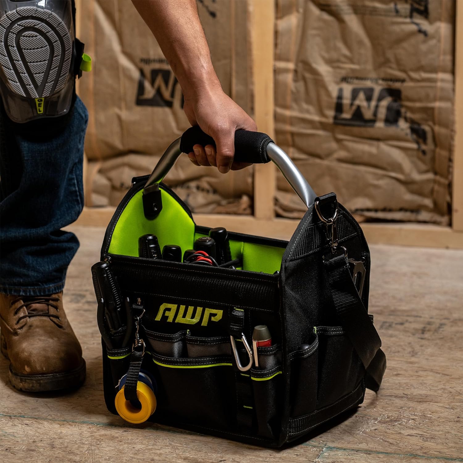 AWP 12 Inch Pro Tool Tote with Rotating Handle for Easy Tool Access, Water-Resistant Construction, Black/Green - Image 5